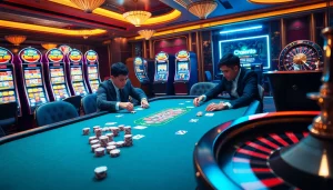 Experience the thrill of uy tín casinos with players at poker tables, vibrant slots, and more.
