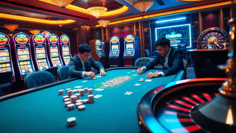 Experience the thrill of uy tín casinos with players at poker tables, vibrant slots, and more.