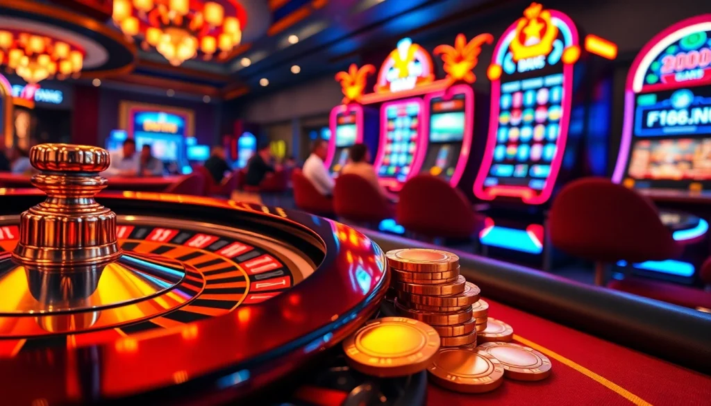 Experience thrilling gaming at https://f168.ing/ with vibrant casino tables, roulette, and poker chips.