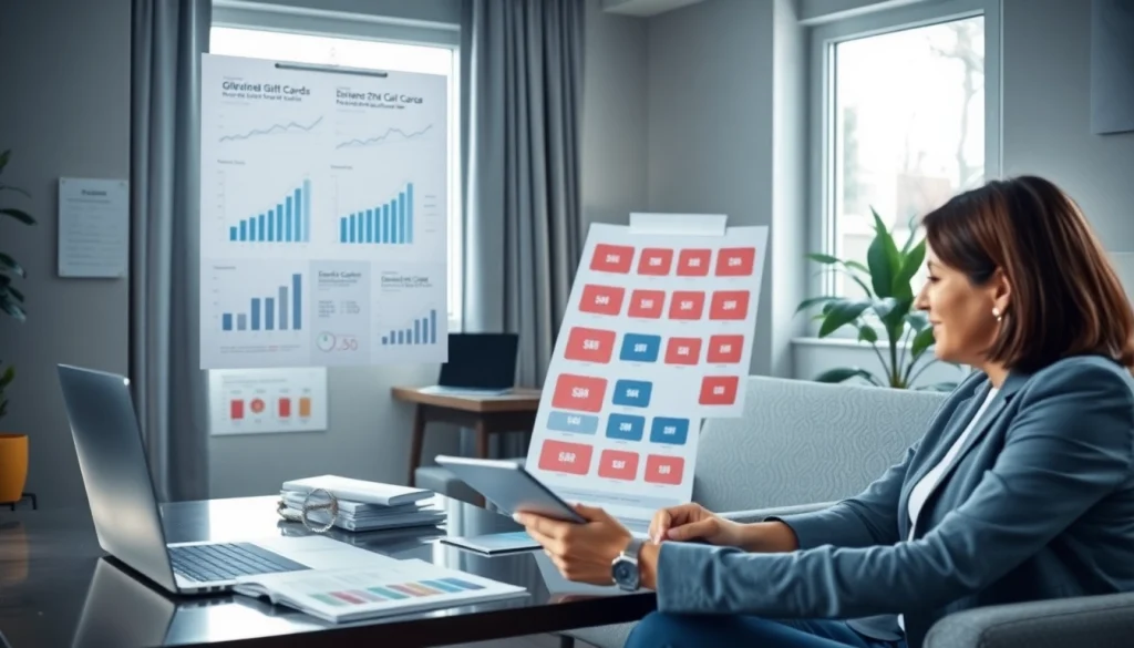 현대적인 사무실에서 고객과 상품권카드 옵션을 논의하는 재무 상담가