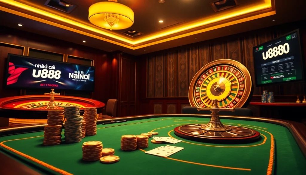 Play a thrilling card game at nhà cái u888 with a luxurious casino ambiance and vibrant betting action.