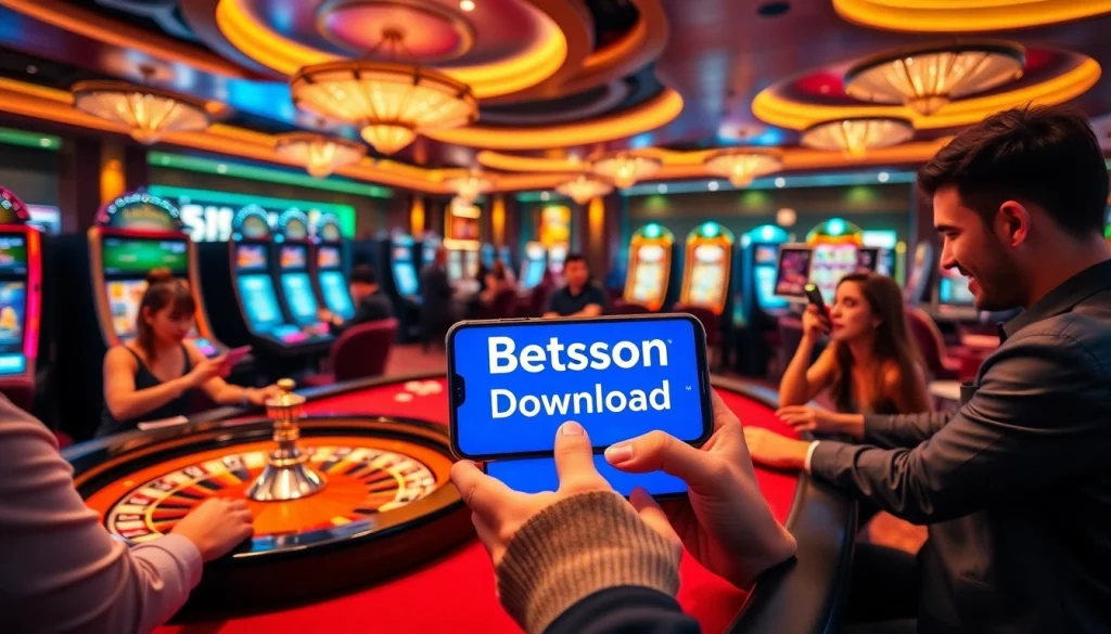 Gamblers enjoying Betsson Download app amidst vibrant casino action with tables and slot machines.