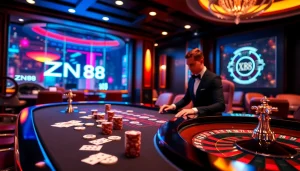 Exciting gaming table at XN88 featuring vibrant cards and poker chips in a luxury casino atmosphere.