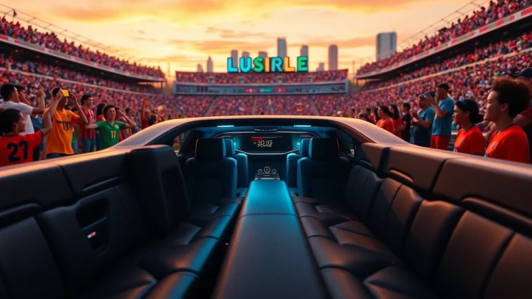 World Cup Group Transportation in a luxury limousine parked before a Los Angeles stadium, showcasing vibrant fan atmosphere.