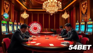 Experience high-stakes excitement at 54BET's luxurious casino scene featuring poker and roulette.
