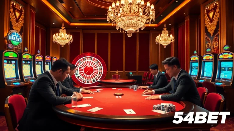 Experience high-stakes excitement at 54BET's luxurious casino scene featuring poker and roulette.