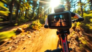 Action camera mounted on a helmet capturing an exciting mountain biking adventure.
