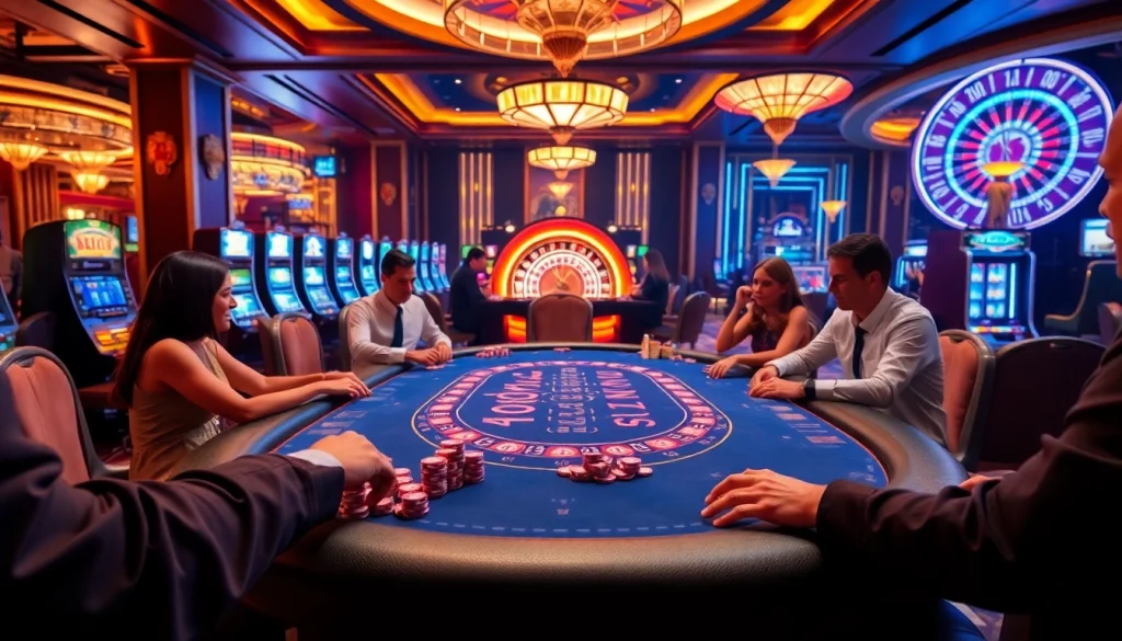 Nohu-themed poker table with excited players in a vibrant casino setting