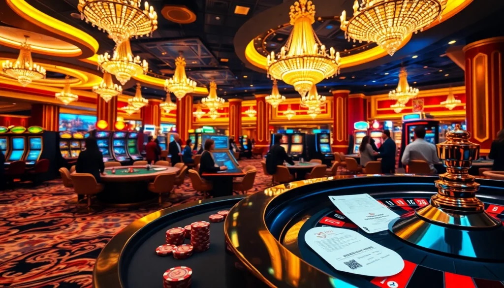 Engaging players at https://cair33bdg.com/ with a vibrant casino scene featuring poker tables and roulette wheels.