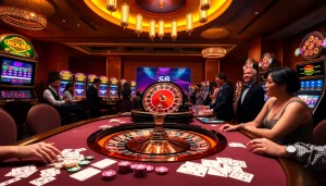 Exciting casino scene with roulette wheel and poker table at S8 gaming.