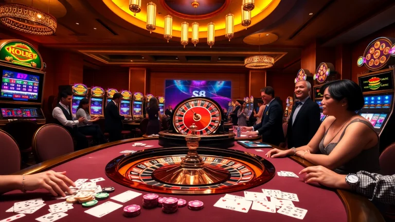 Exciting casino scene with roulette wheel and poker table at S8 gaming.