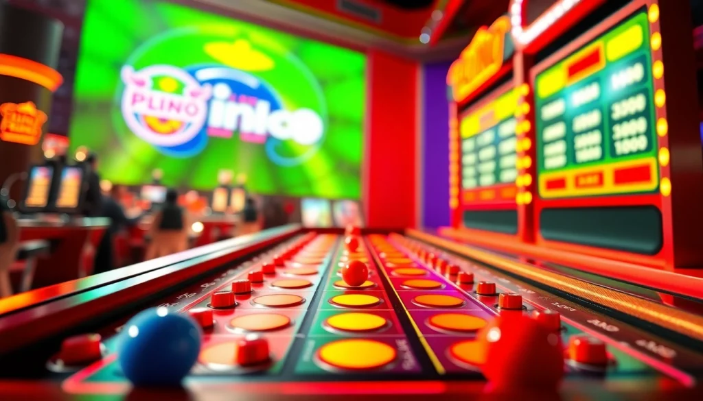 Permainan situs plinko dengan bola yang meluncur dan papan berwarna cerah di latar belakang kasino online.