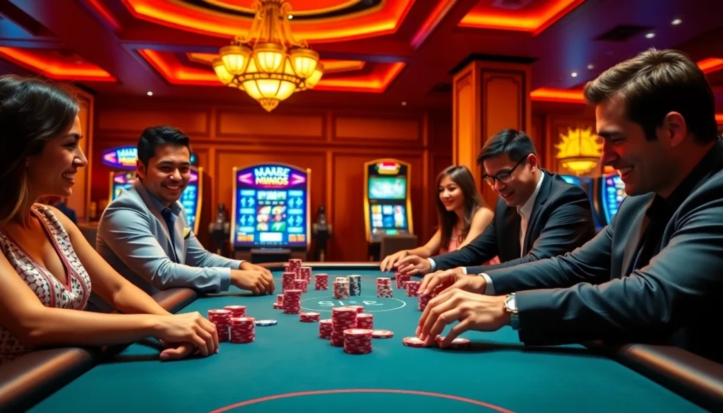Compelling scene of MM88 casino with poker players, chips, and slot machines.