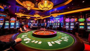 Players enjoying an exciting gambling experience at UU88's luxurious casino tables and slot machines.