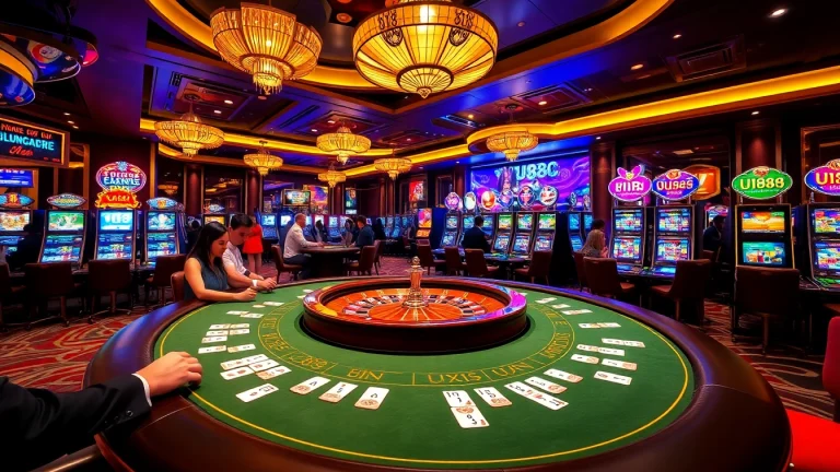 Players enjoying an exciting gambling experience at UU88's luxurious casino tables and slot machines.
