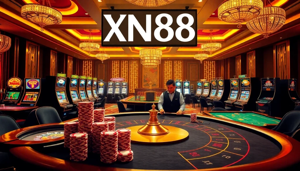 Experience thrilling gaming at XN88 with luxurious casino tables and vibrant slot machines.