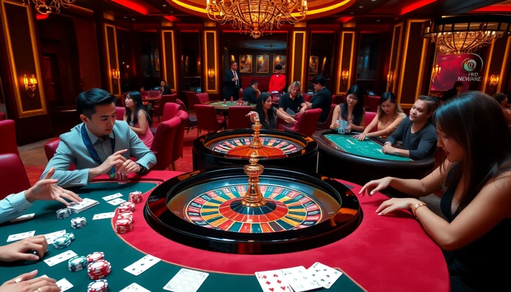 Engaging casino atmosphere with players at a roulette table, highlighting NEW88 gaming excitement.