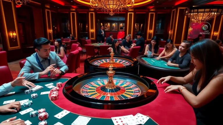 Engaging casino atmosphere with players at a roulette table, highlighting NEW88 gaming excitement.