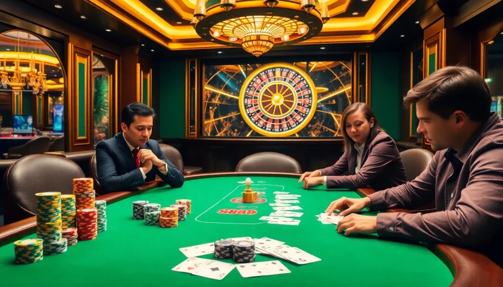 Players enjoying a thrilling poker game at an SN888 casino table, surrounded by colorful chips and cards.