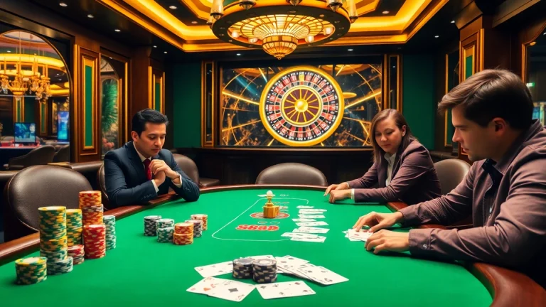 Players enjoying a thrilling poker game at an SN888 casino table, surrounded by colorful chips and cards.