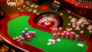 A virtual poker table illustration with VN168 branding, showcasing colorful poker chips and a roulette wheel to enhance casino excitement.