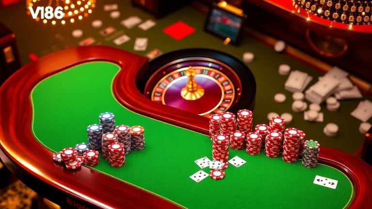 A virtual poker table illustration with VN168 branding, showcasing colorful poker chips and a roulette wheel to enhance casino excitement.