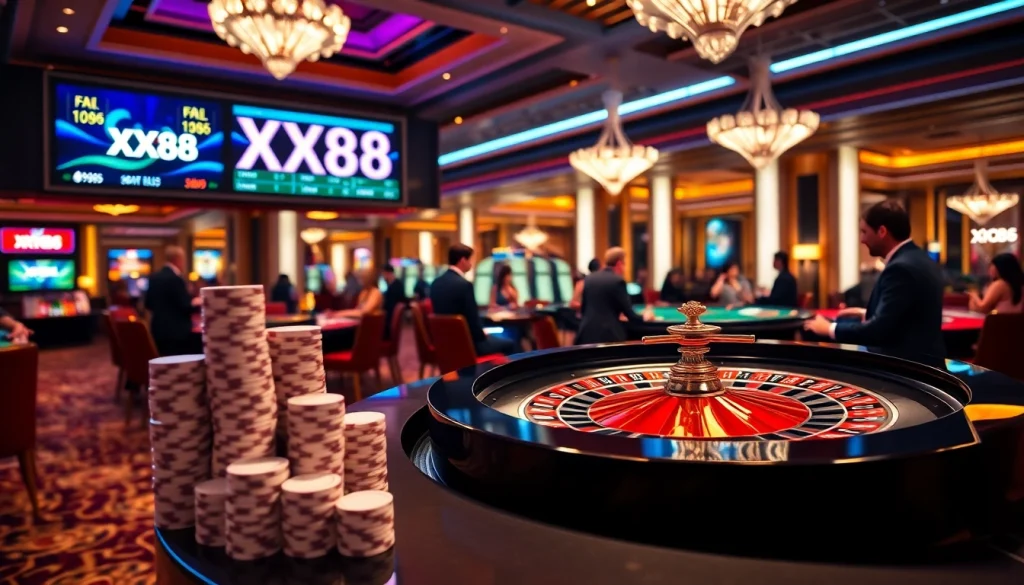 High-stakes gambling at XX88 casino with vibrant roulette action and excited players.