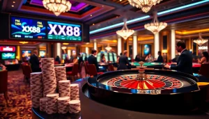 High-stakes gambling at XX88 casino with vibrant roulette action and excited players.
