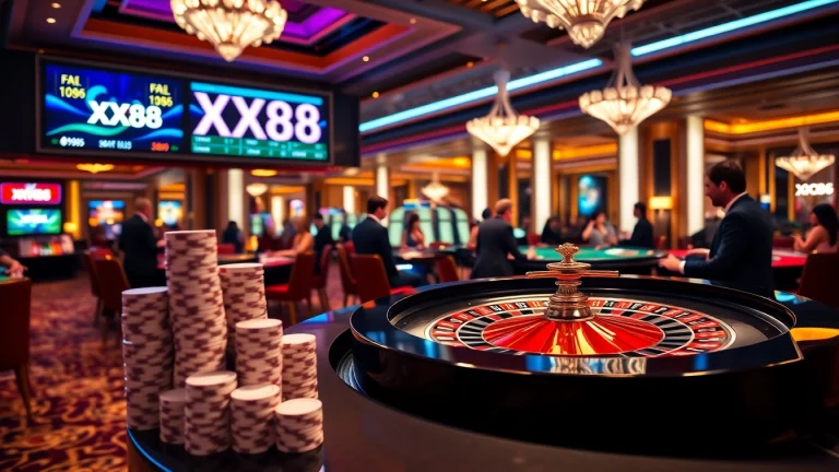 High-stakes gambling at XX88 casino with vibrant roulette action and excited players.
