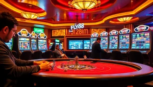 Experience the thrill of Fly88 with vibrant casino tables, poker chips, and gleaming slot machines.