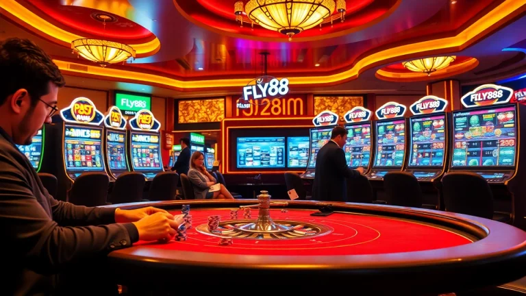 Experience the thrill of Fly88 with vibrant casino tables, poker chips, and gleaming slot machines.