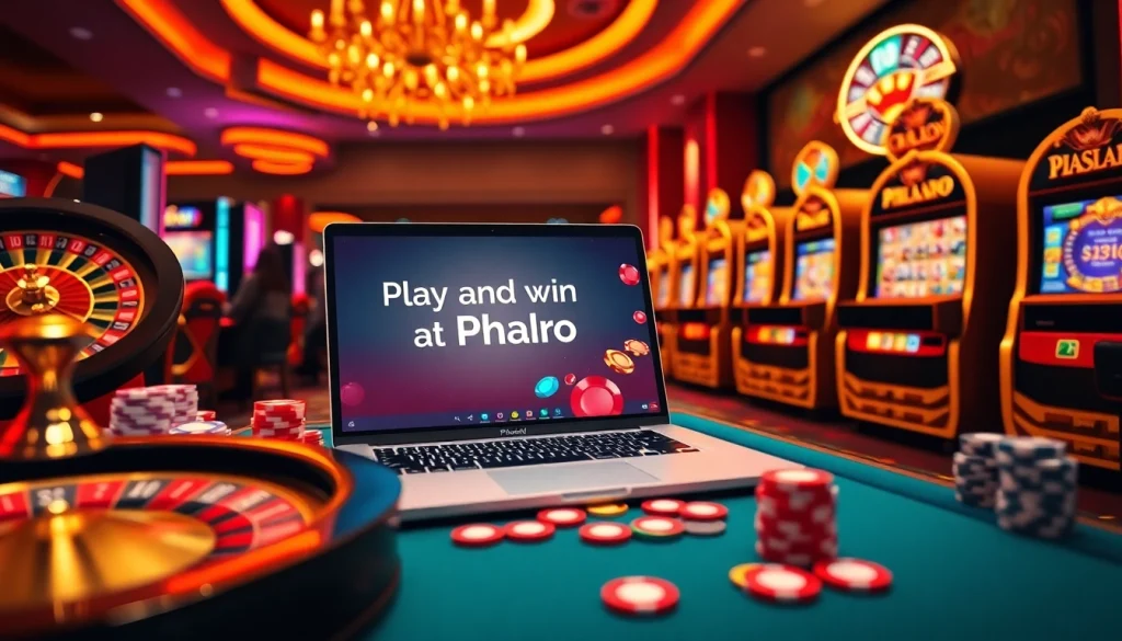 Play and win at Phlaro with a vibrant online casino scene featuring roulette, poker chips, and slots.