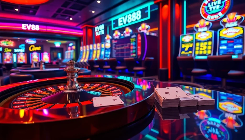 Experience thrilling online gaming at EV88 with vibrant casino tables and dynamic gameplay.