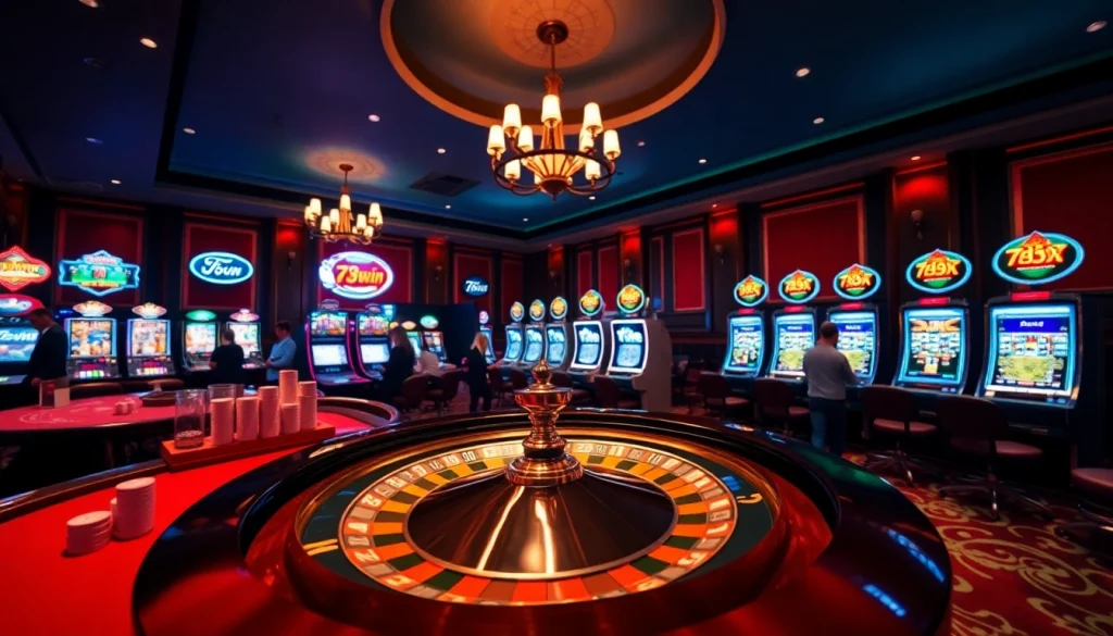 Engaging players at the 789win club surrounded by luxurious casino elements and a roulette wheel.