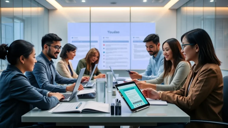 Youdao翻译 technology in a modern digital workspace with diverse professionals collaborating.