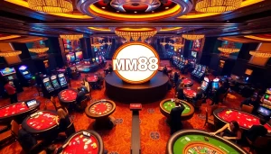 Experience the thrill of MM88 with vibrant casino scenes featuring tables, cards, and excitement.