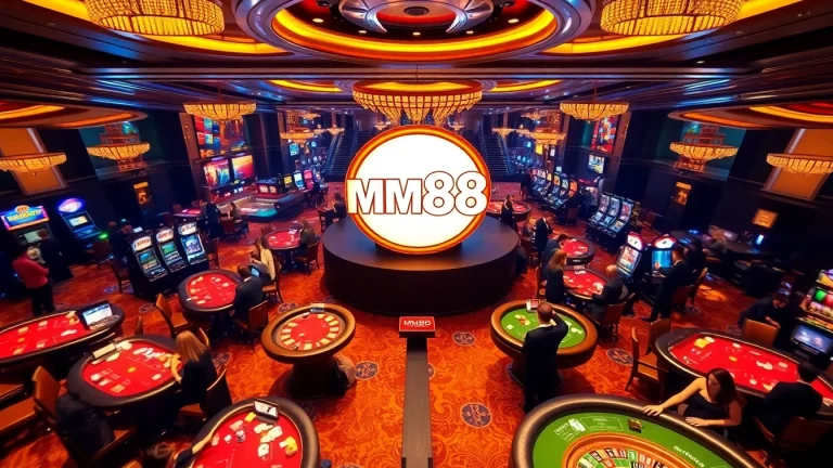 Experience the thrill of MM88 with vibrant casino scenes featuring tables, cards, and excitement.