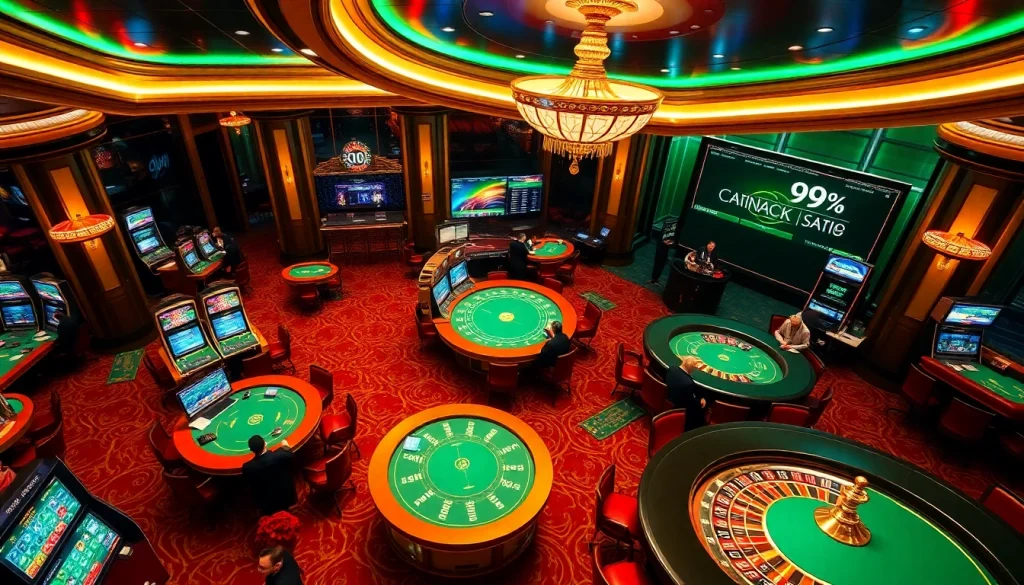 Experience thrilling gameplay at 99OK casino with luxurious poker tables and vibrant slot machines.