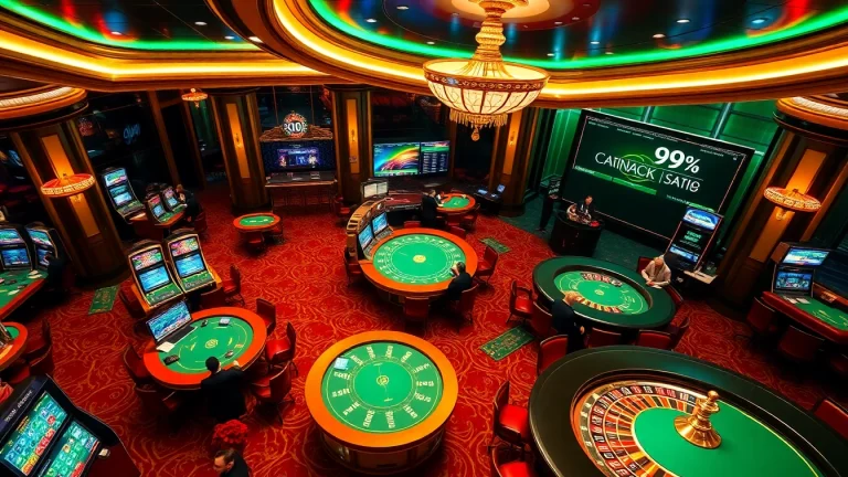 Experience thrilling gameplay at 99OK casino with luxurious poker tables and vibrant slot machines.