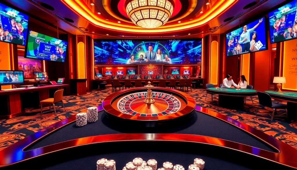 A vibrant online gaming scene at nhà cái rr88, showcasing a roulette wheel, poker table, and betting interface.
