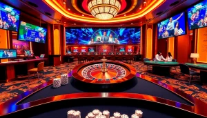 A vibrant online gaming scene at nhà cái rr88, showcasing a roulette wheel, poker table, and betting interface.