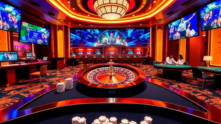 A vibrant online gaming scene at nhà cái rr88, showcasing a roulette wheel, poker table, and betting interface.