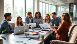 Engaging team focused on contract management with digital tools and collaborative materials.