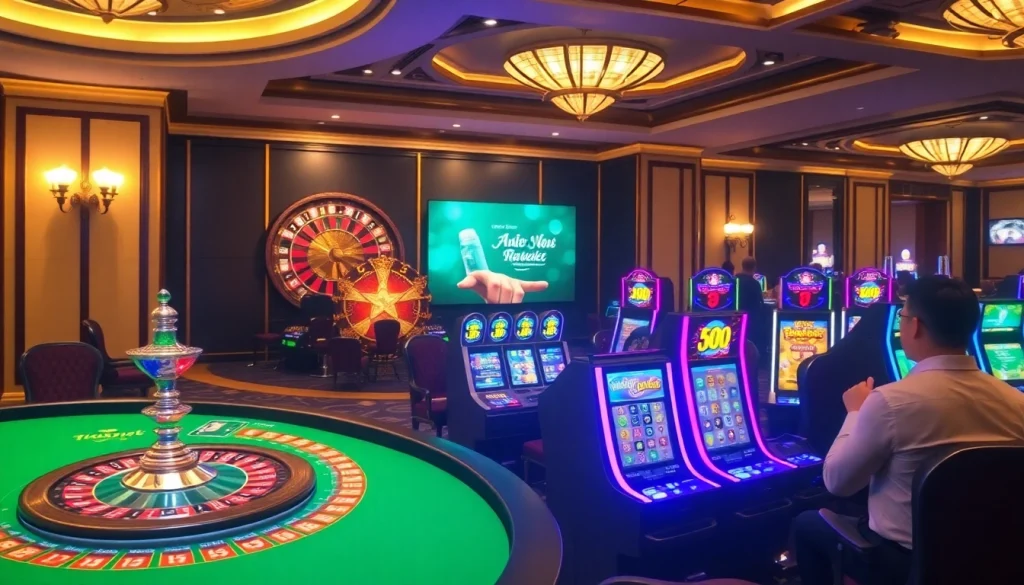 Exciting gameplay at https://thabet77.sa.com/ with vibrant casino tables and colorful slot machines.