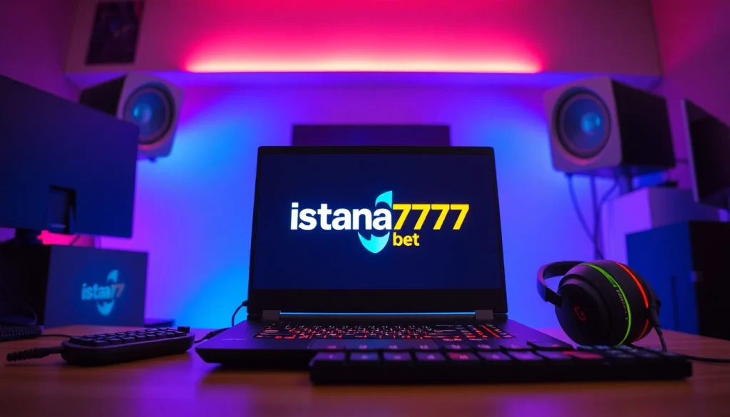 Menampilkan grafis menarik dari istana777 bet pada laptop gaming di lingkungan modern.