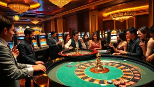 A vibrant casino scene highlighting the excitement and glamour of gambling at https://5gbett.com.br with players engaged at a roulette table.