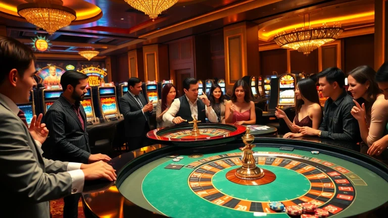 A vibrant casino scene highlighting the excitement and glamour of gambling at https://5gbett.com.br with players engaged at a roulette table.