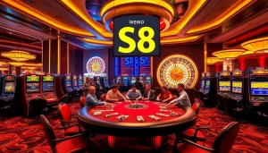 S8 energized players at a glamorous casino, highlighted by poker action and vibrant gaming elements.