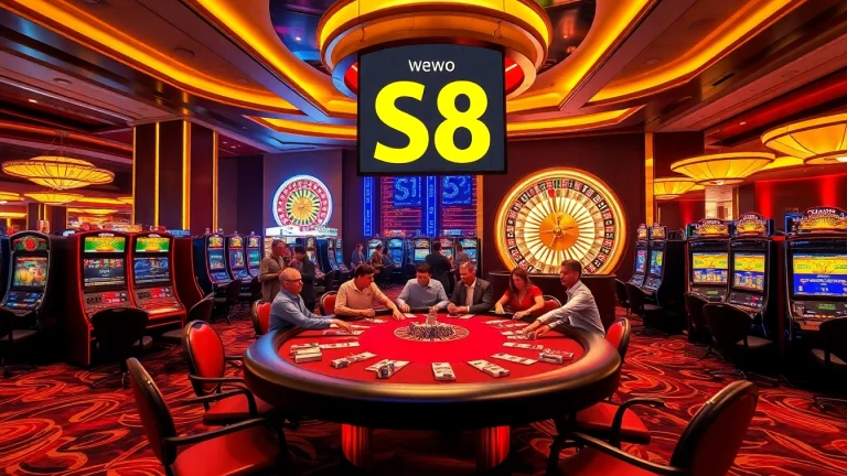 S8 energized players at a glamorous casino, highlighted by poker action and vibrant gaming elements.