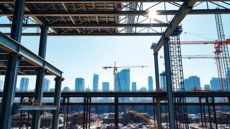 Showcasing structural steel construction at a busy site with cranes and workers assembling metal structures.